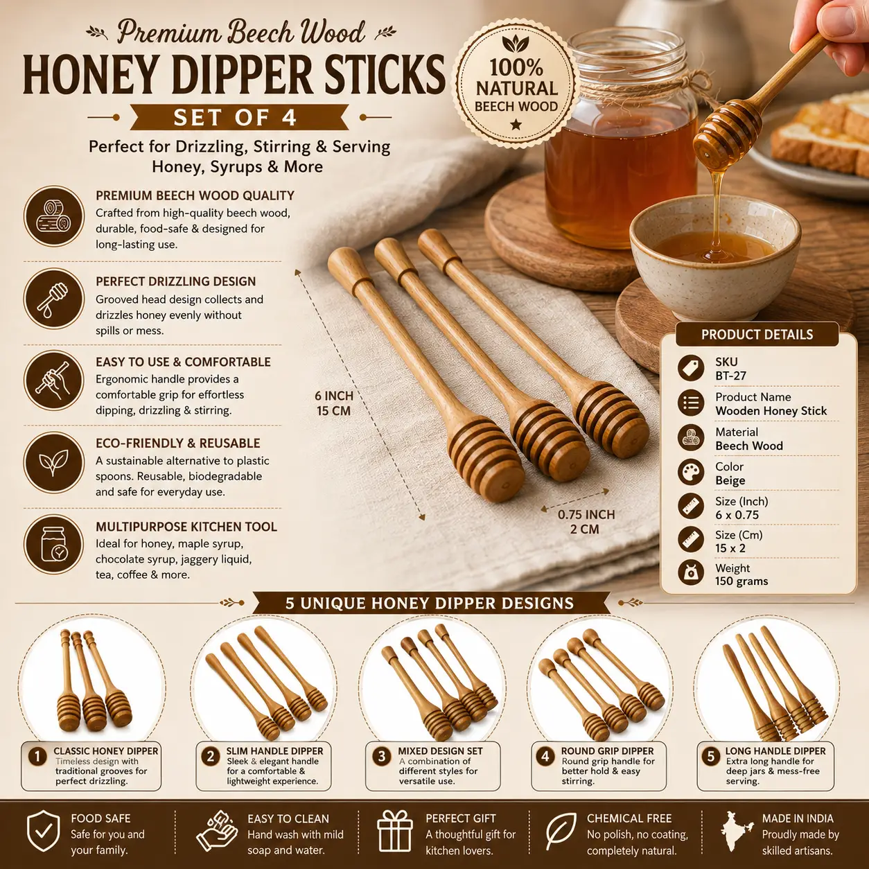 Premium Beech Wood Honey Dipper Sticks Set of 4