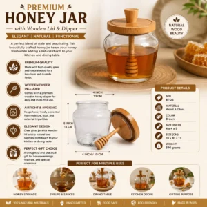 Premium Glass Honey Jar with Wooden Lid & Honey Dipper