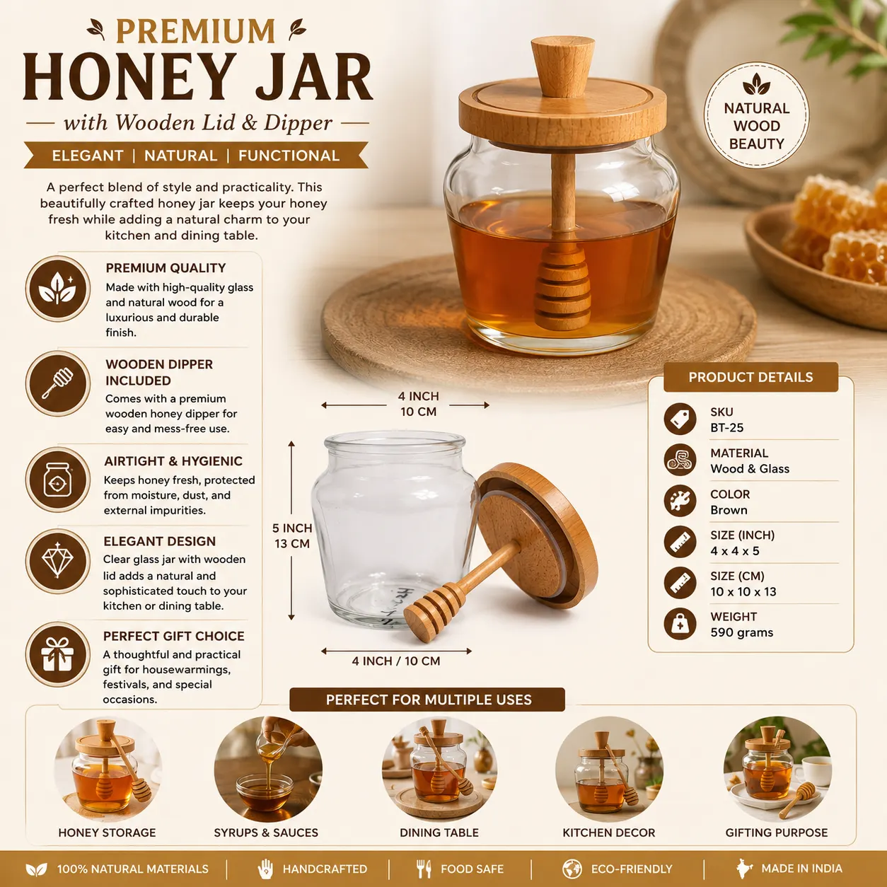 Premium Glass Honey Jar with Wooden Lid & Honey Dipper
