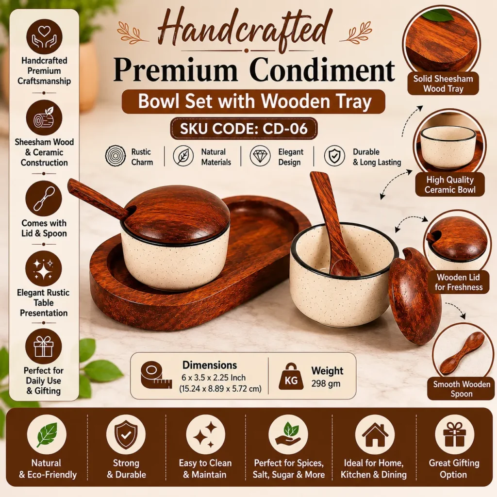 Premium Handcrafted Condiment Bowl Set with Wooden Tray (SKU CD-06)
