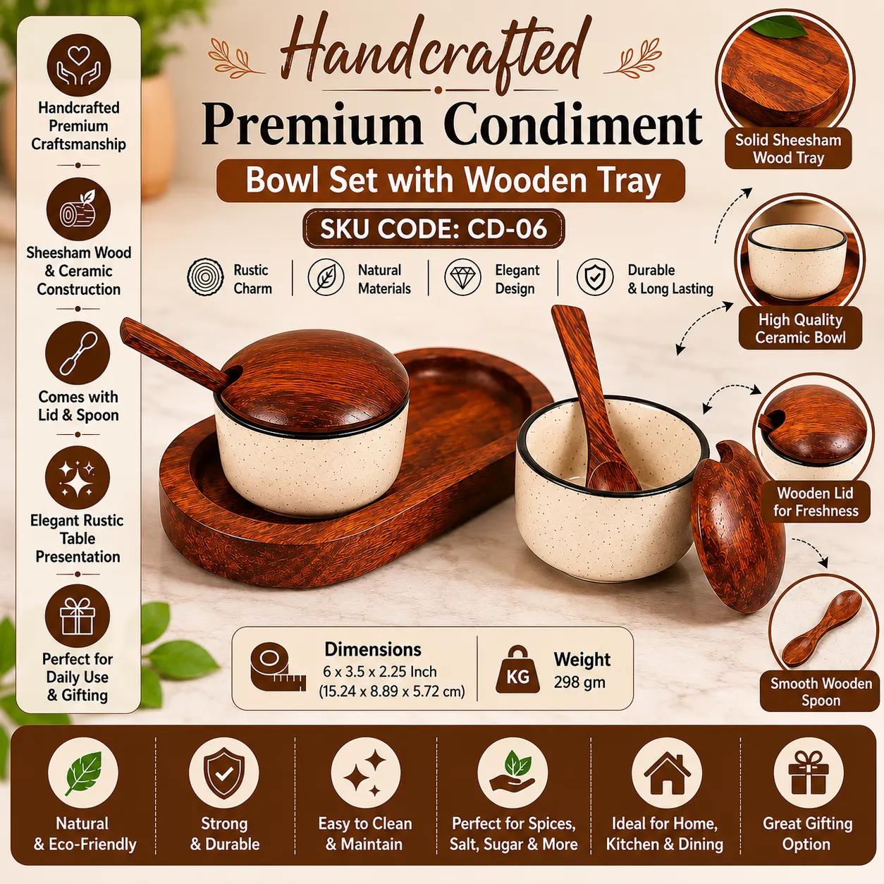 Premium Handcrafted Condiment Bowl Set with Wooden Tray (SKU CD-06)