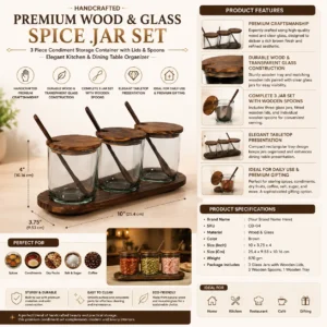 Premium Handcrafted Wood & Glass Spice Jar Set (3-Piece)