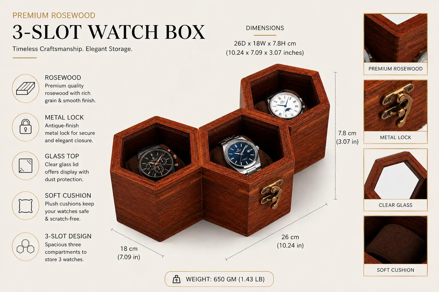 Premium Rosewood 3-Slot Watch Box
