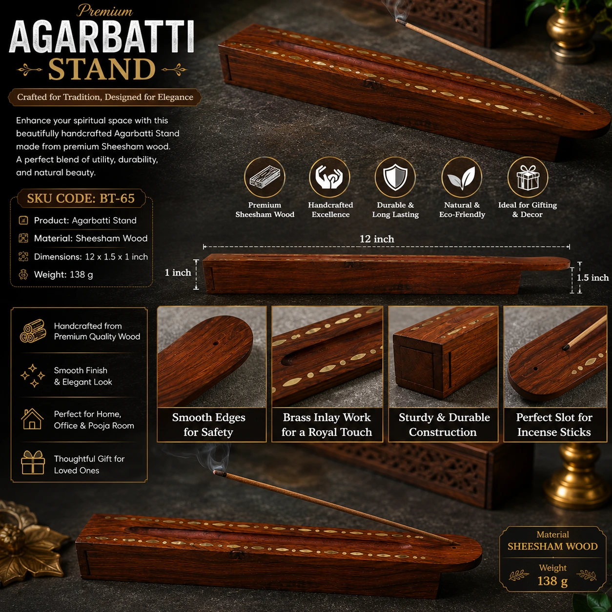 Premium Sheesham Wood Agarbatti Stand with Brass Inlay