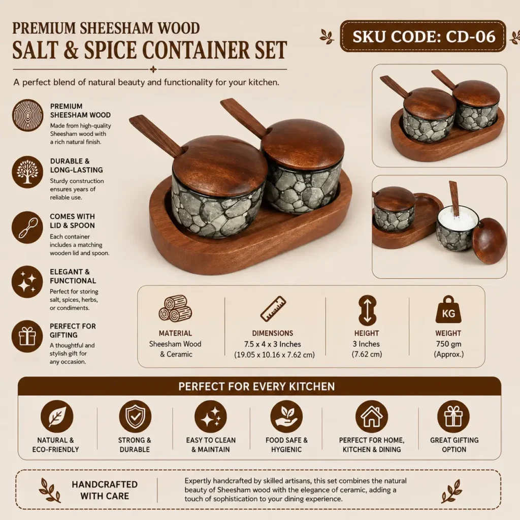 Premium Sheesham Wood & Ceramic Salt & Spice Container Set
