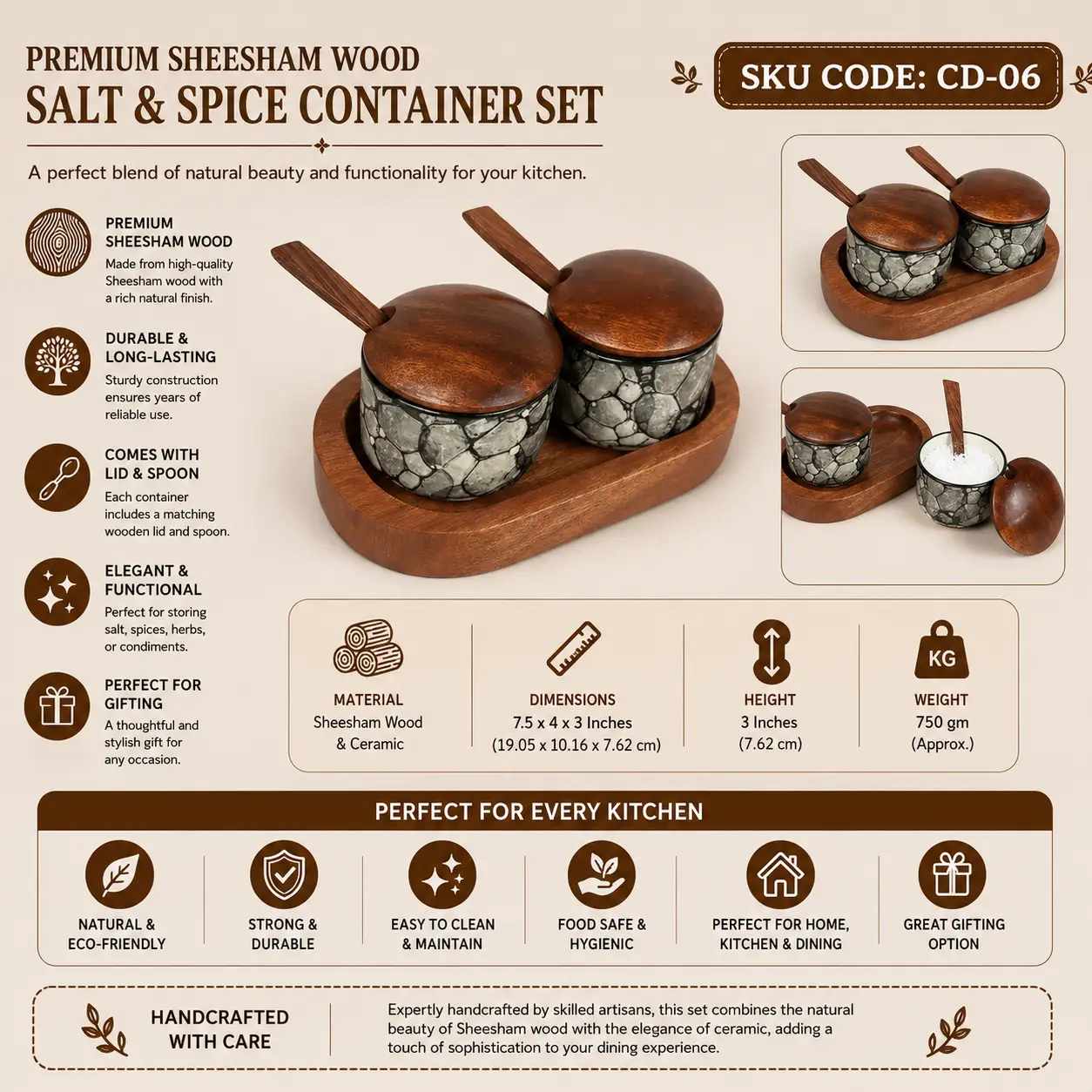 Premium Sheesham Wood & Ceramic Salt & Spice Container Set