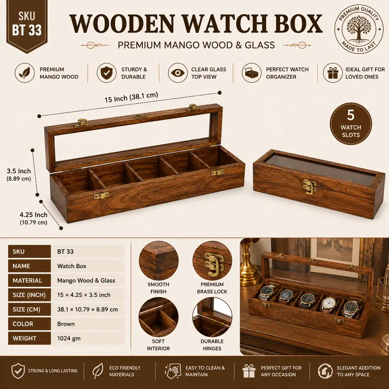 Premium Wooden Watch Box – 5 Slot Watch Storage Case