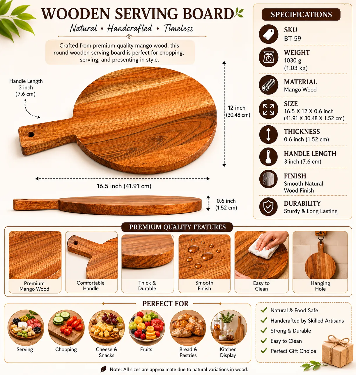 Round Mango Wood Serving Board with Handle
