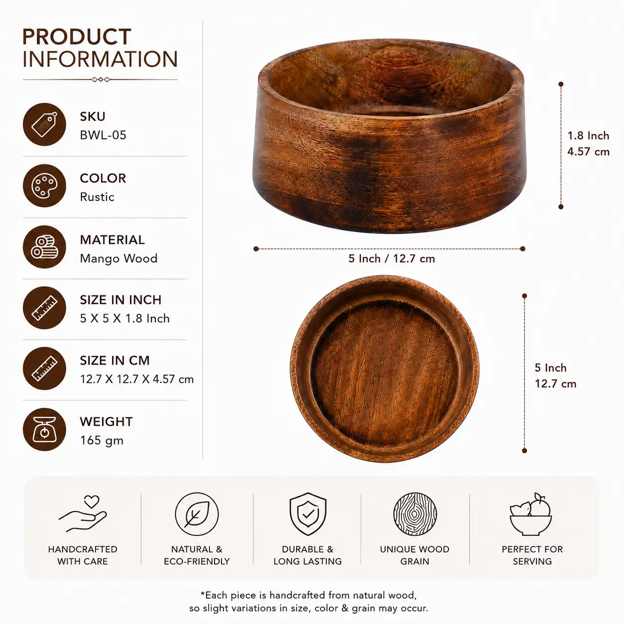 Rustic Handmade Mango Wood Bowl – 5 Inch