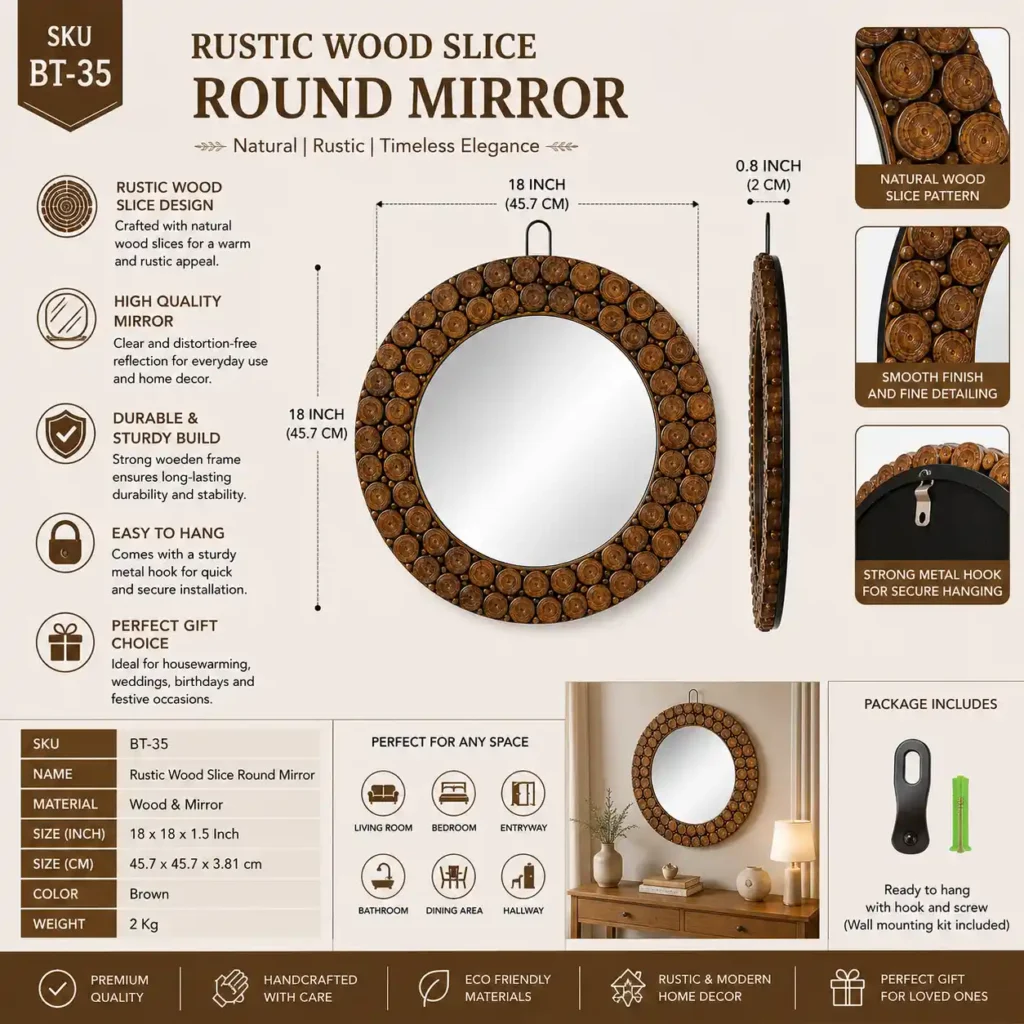 Rustic Wood Slice Round Mirror – Handcrafted Wooden Wall Mirror