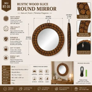 Rustic Wood Slice Round Mirror – Handcrafted Wooden Wall Mirror