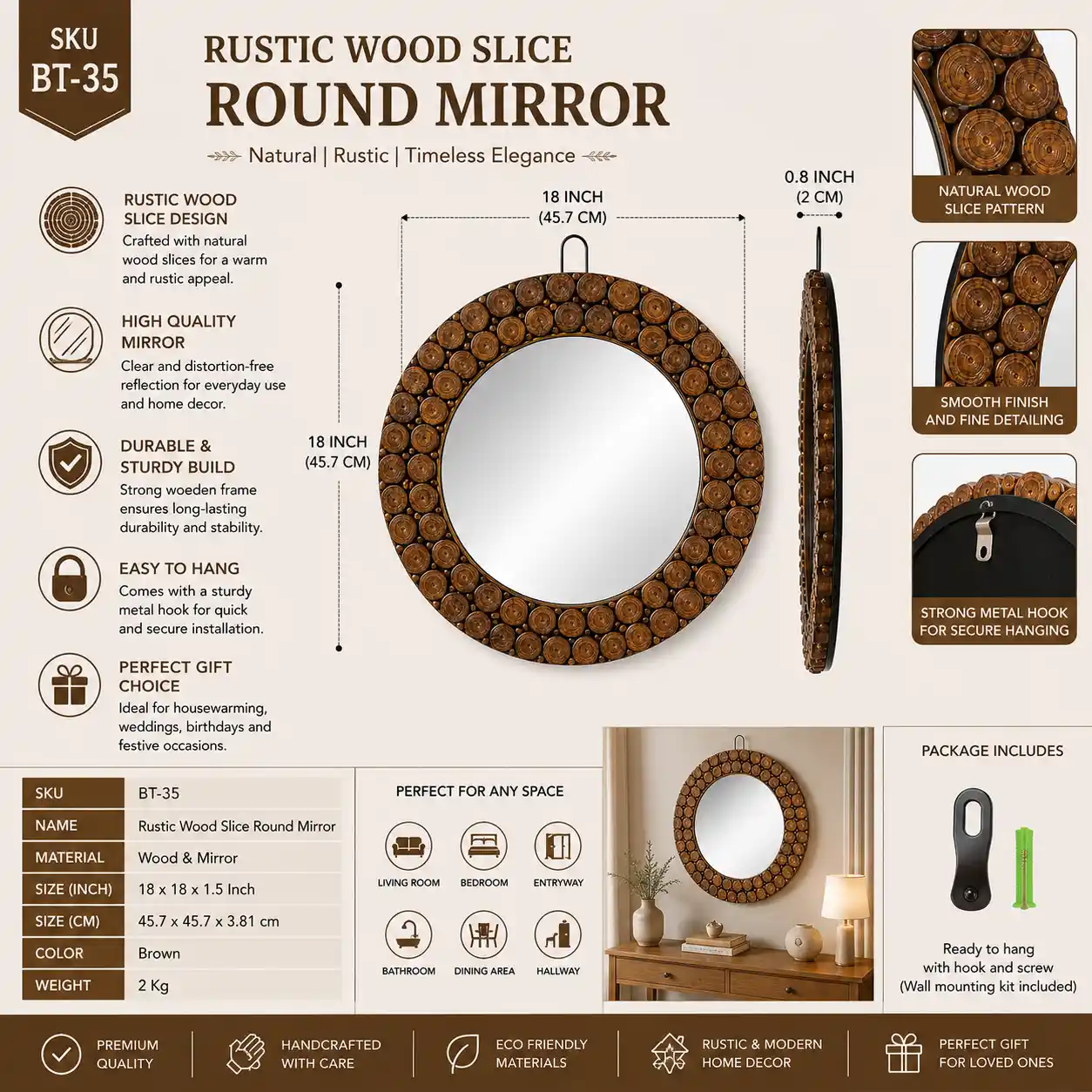 Rustic Wood Slice Round Mirror – Handcrafted Wooden Wall Mirror