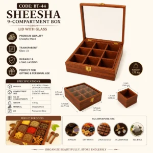 Sheesha Wood 9-Compartment Storage Box with Glass Lid