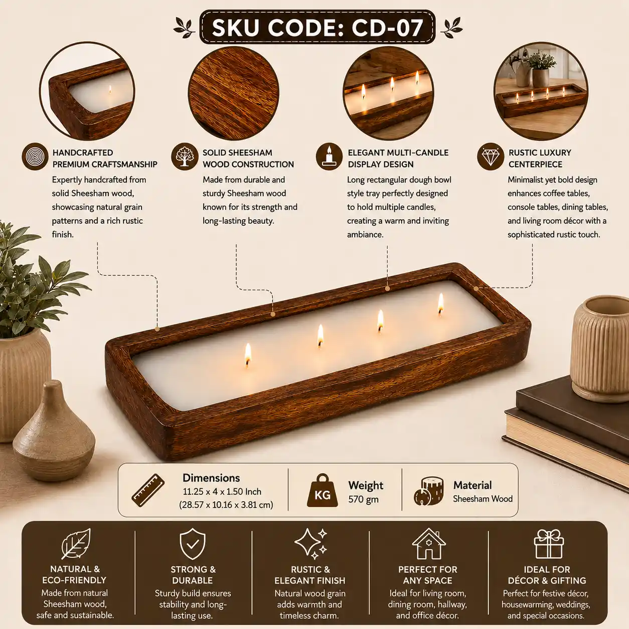Sheesham Wood Dough Bowl Candle Holder Tray (SKU: CD-07)