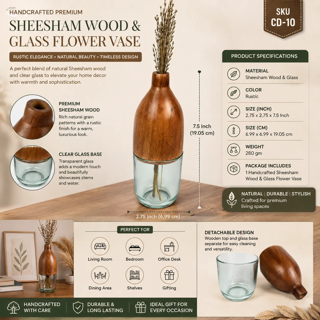 Sheesham Wood & Glass Flower Vase