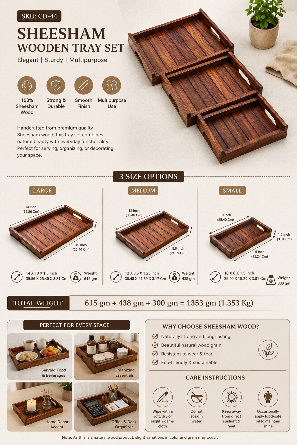 Sheesham Wooden Serving Tray Set (Set of 3) – Premium Handcrafted Wooden Serving Trays