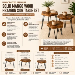 Solid Mango Wood Hexagon Side Table Set with Metal Hairpin Legs (Set of 3)