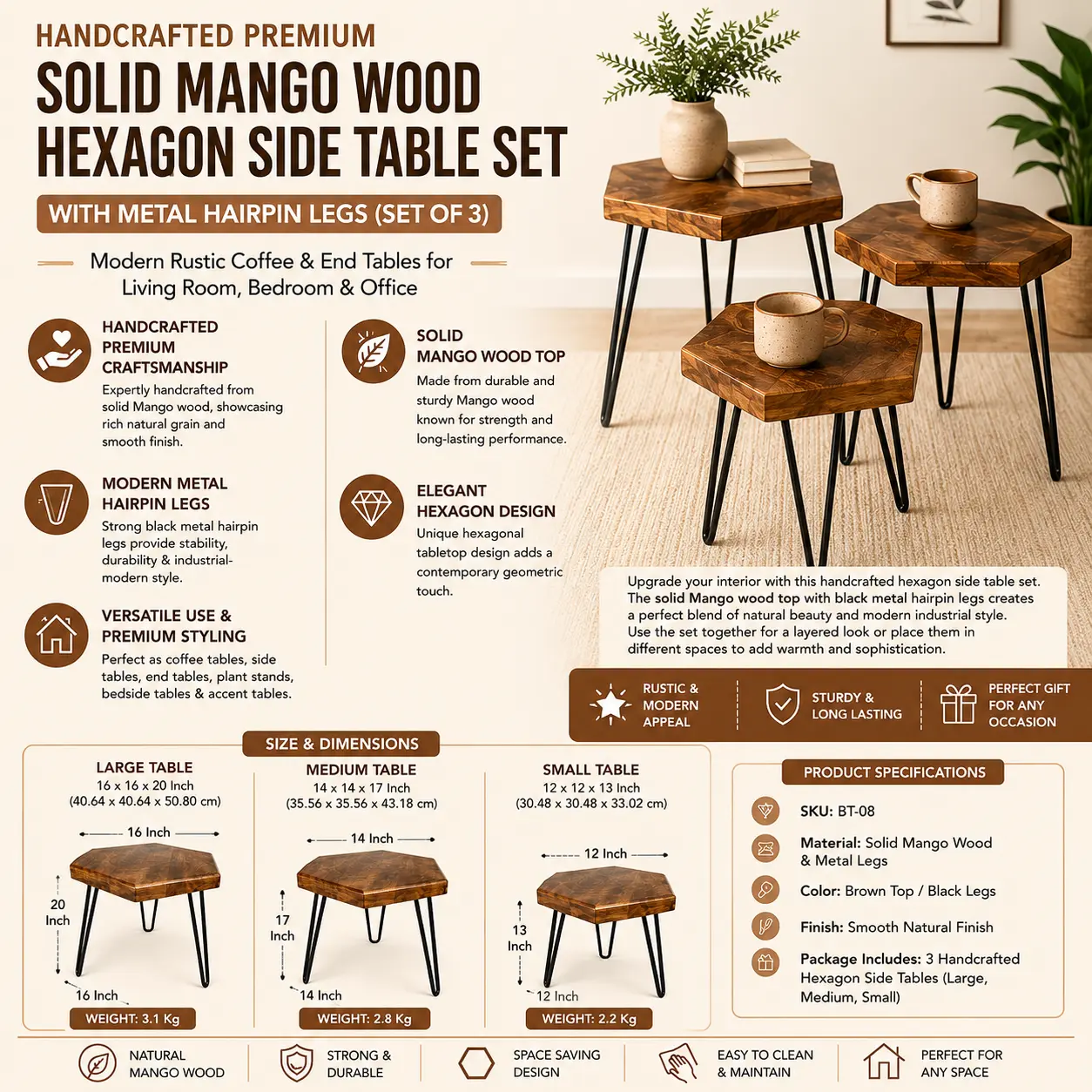 Solid Mango Wood Hexagon Side Table Set with Metal Hairpin Legs (Set of 3)