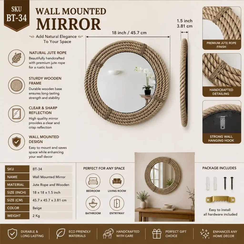 Wall Mounted Round Jute Rope Mirror