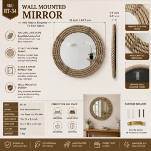 Wall Mounted Round Jute Rope Mirror