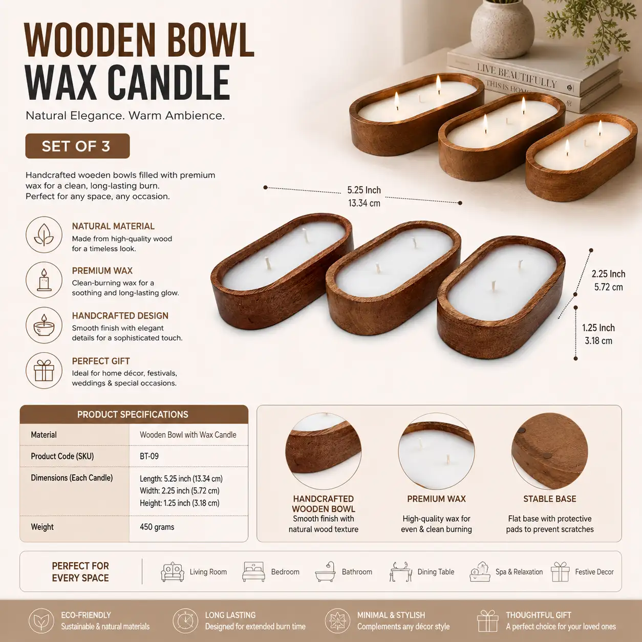 Wooden Bowl Wax Candle Set (Set of 3)
