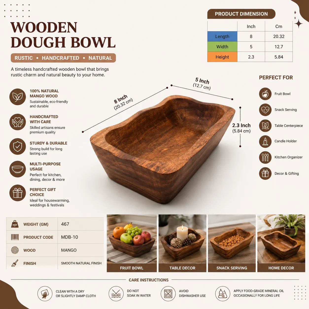 Wooden Dough Bowl – Handcrafted Mango Wood Bowl