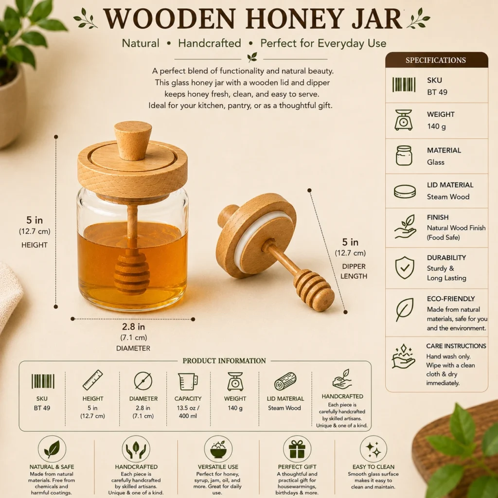 Wooden Glass Honey Jar with Wooden Lid & Dipper
