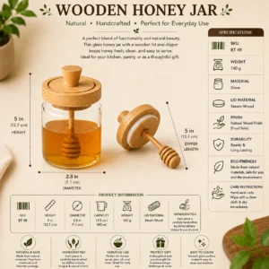 Wooden Glass Honey Jar with Wooden Lid & Dipper