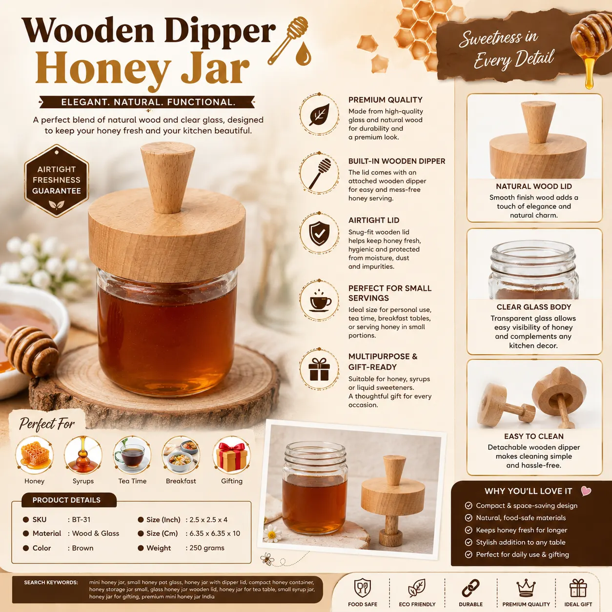 Wooden Honey Jar with Wooden Dipper