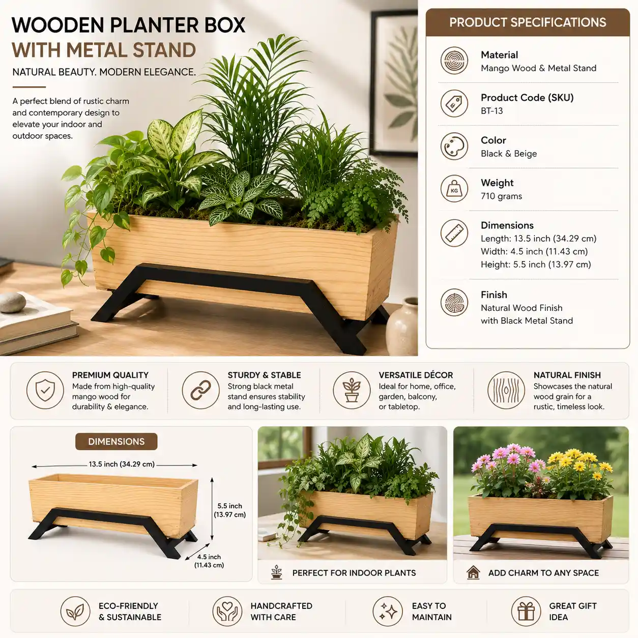 Wooden Planter Box with Metal Stand