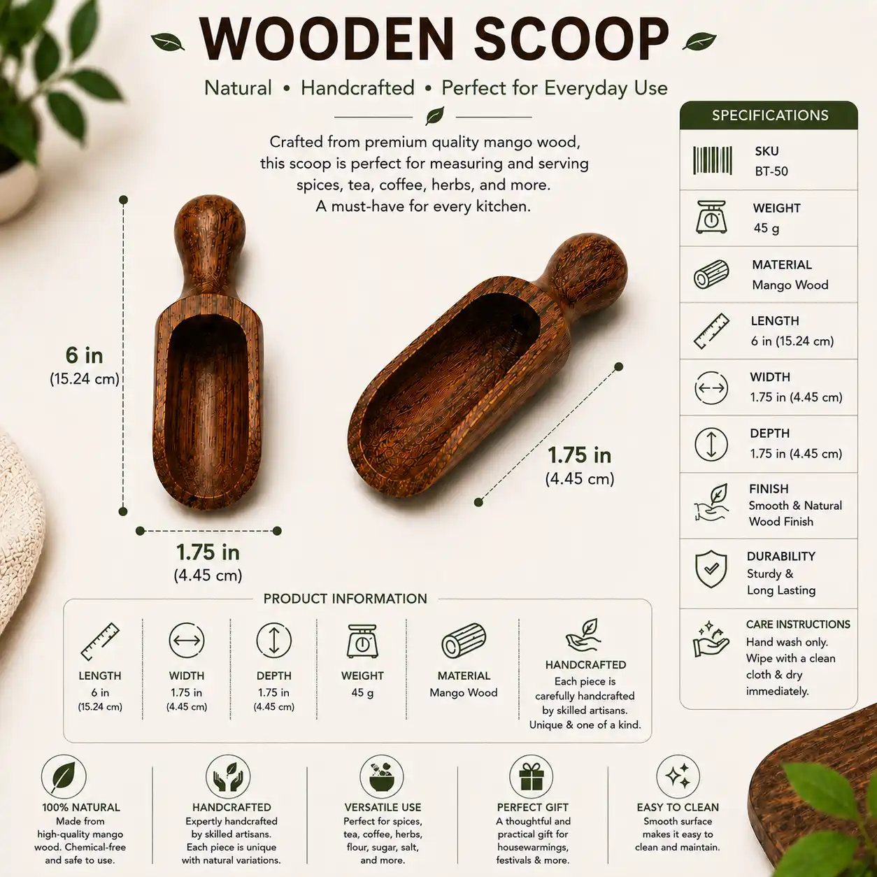 Wooden Scoop – Premium Handcrafted Mango Wood Scoop
