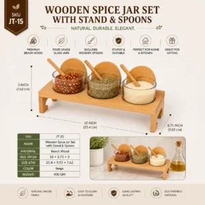 Wooden Spice Jar Set with Stand & Spoons