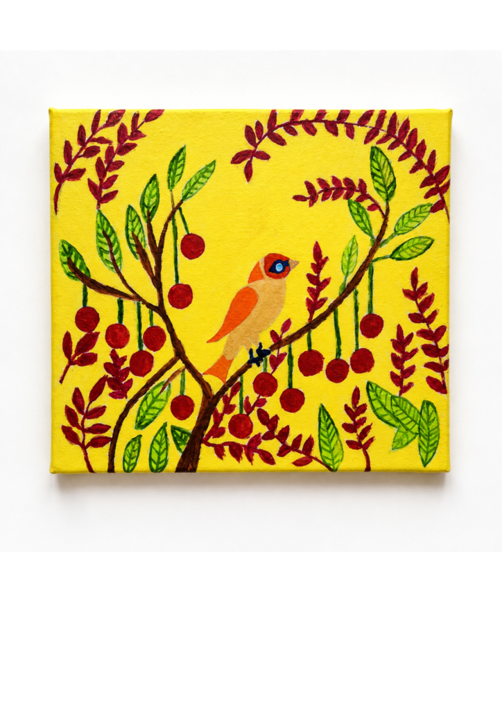 Bright Colorful Folk-Art Bird Painting