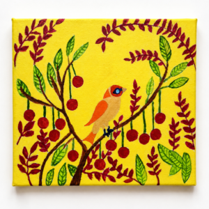 Bright Colorful Folk-Art Bird Painting