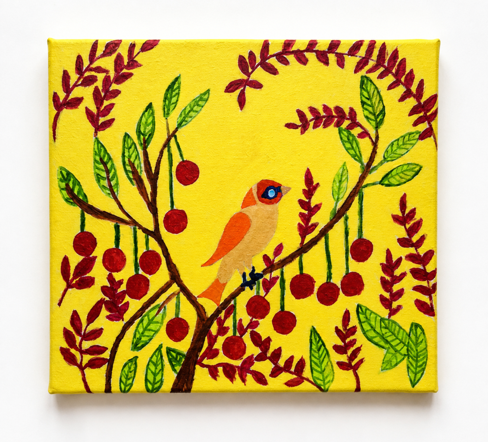 Bright Colorful Folk-Art Bird Painting