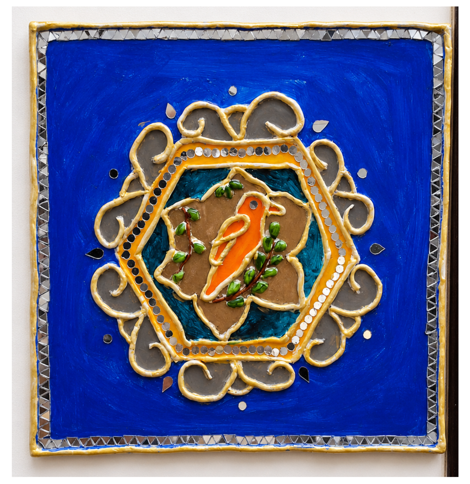 Handcrafted Decorative Square Artwork – Blue, Gold & Silver Mosaic Wall Art