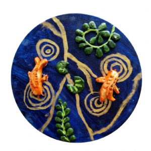 Mixed-Media 3D Koi Pond Artwork – Handcrafted Blue Water Garden Wall Décor