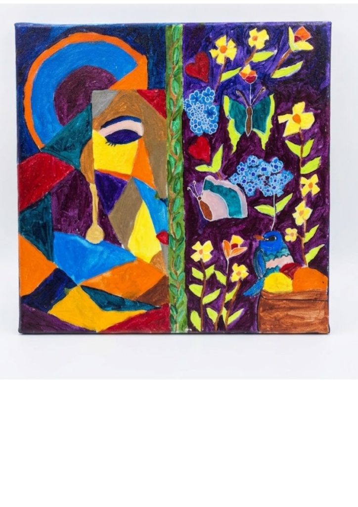 Vibrant Split-Panel Cubist Floral & Nature Painting