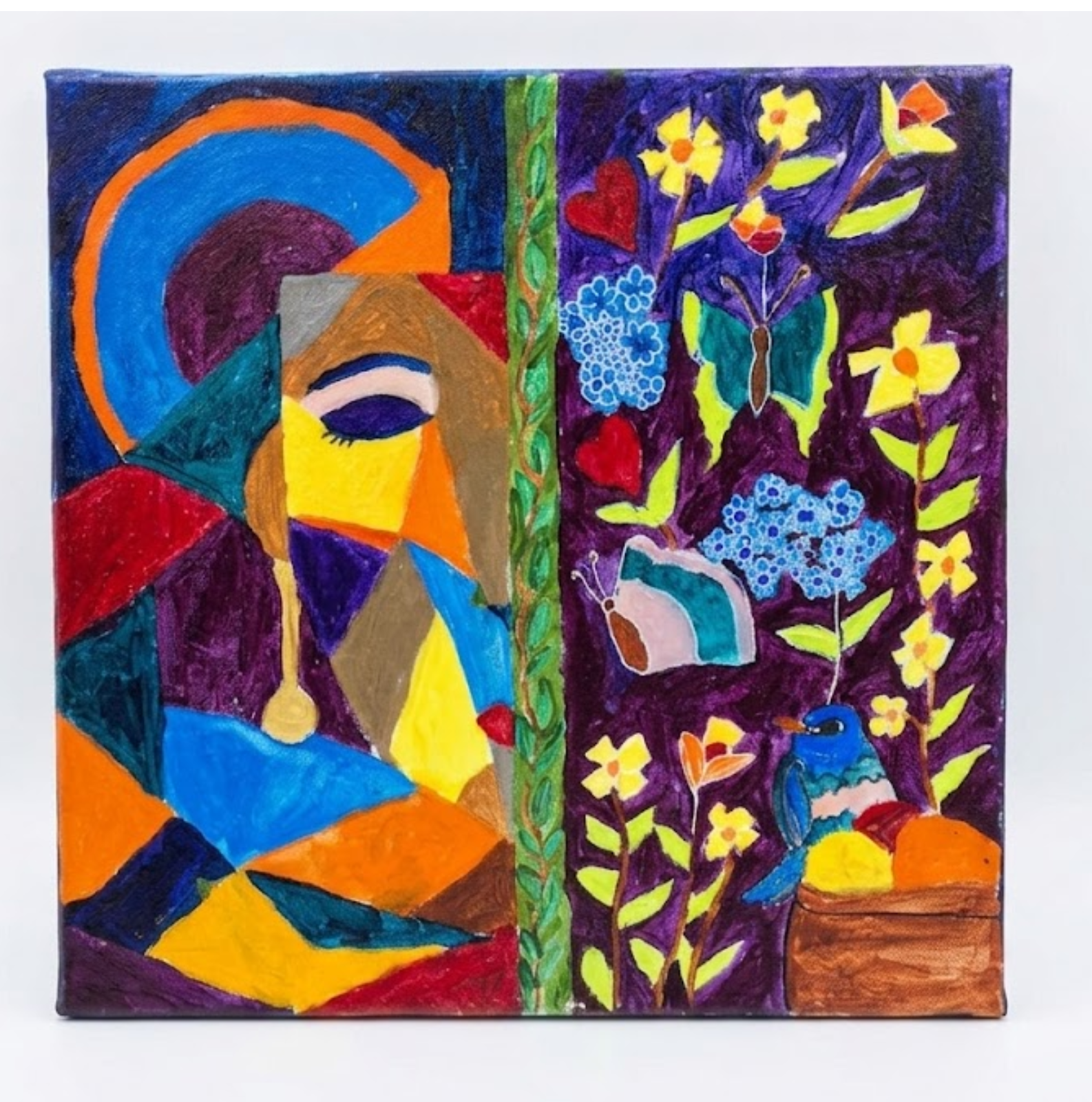 Vibrant Split-Panel Cubist Floral & Nature Painting
