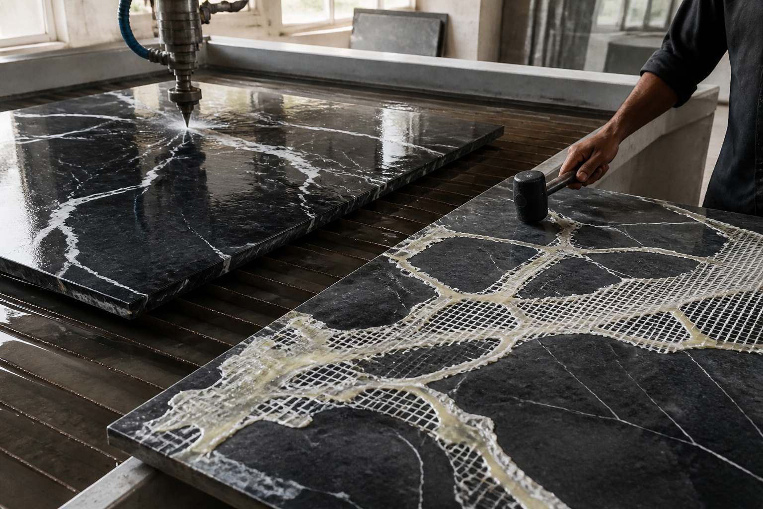Reinforcing Calcite Vein Fractures in Nero Marquina Marble Slabs During Waterjet Fabrication