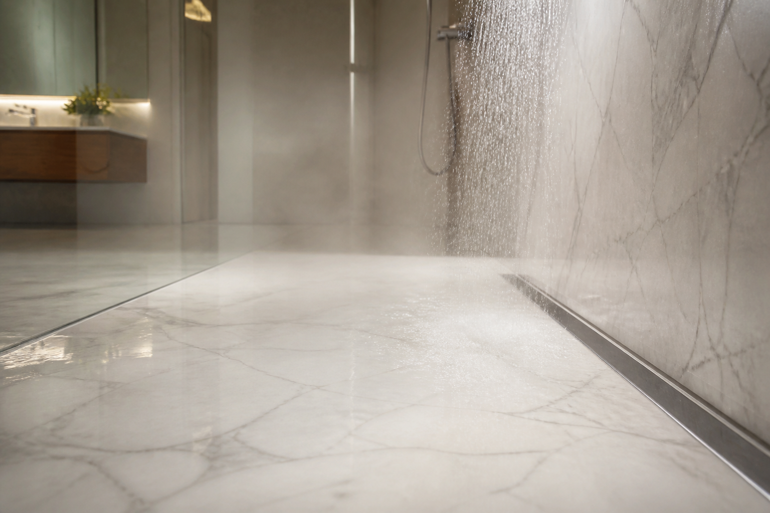 Preventing Efflorescence and Moisture Discoloration in Curbless Walk-in Marble Showers