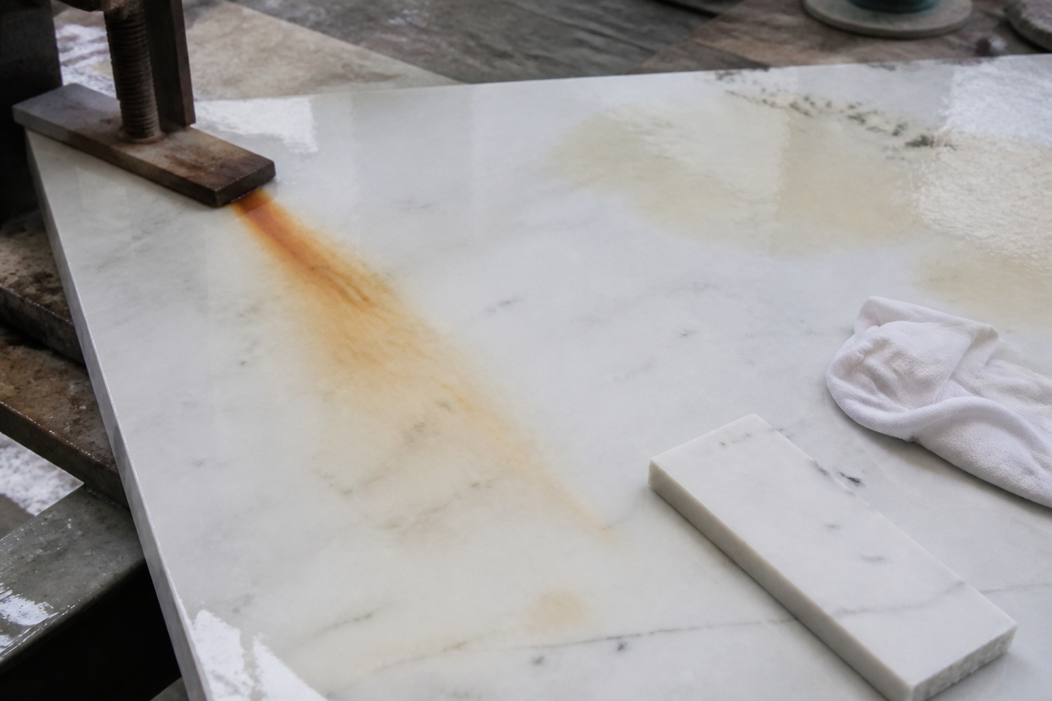 Diagnosing Rust Blooms in Carrara Marble: Iron Oxidation vs Moisture Trapping