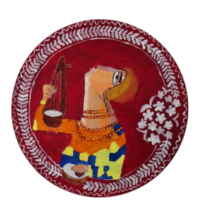 A Beggar with an Instrument – Hand-Painted Acrylic Folk Art on Circular Canvas