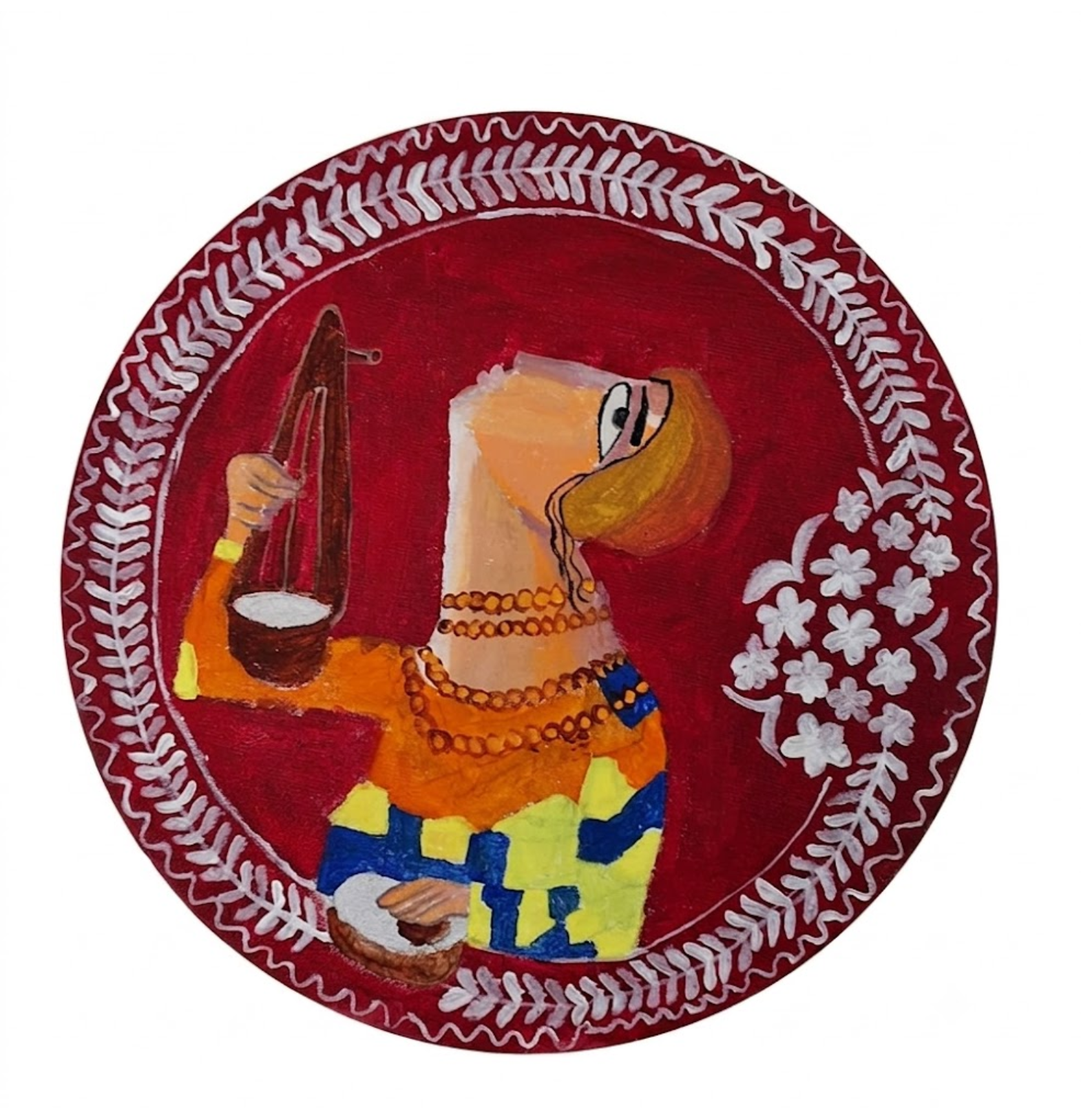 A Beggar with an Instrument – Hand-Painted Acrylic Folk Art on Circular Canvas