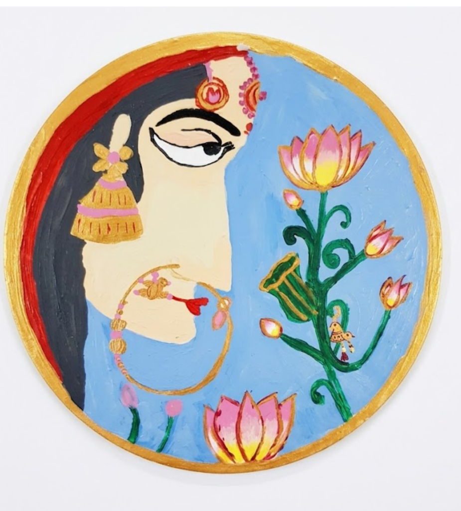 Traditional Indian Folk Art Portrait & Lotus Painting