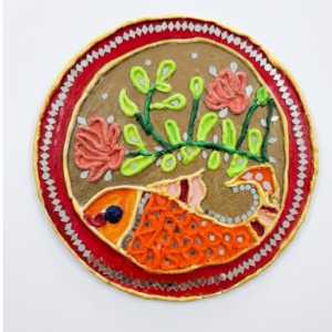Circular Lipan Art – Fish & Floral Mirror Work Wall Decor