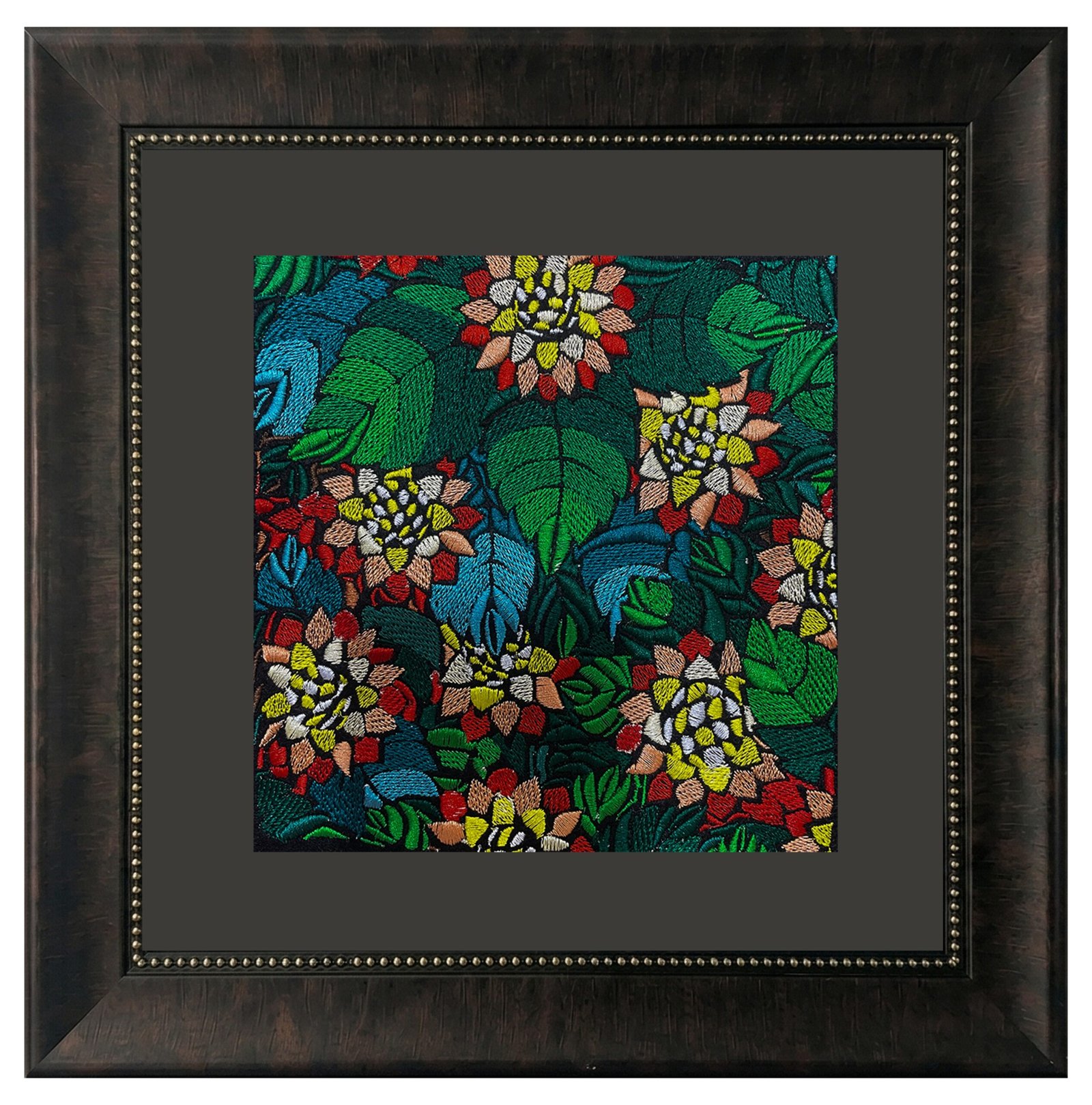 Decorative Floral Embroidered Wall Art in Premium Dark Wood Frame