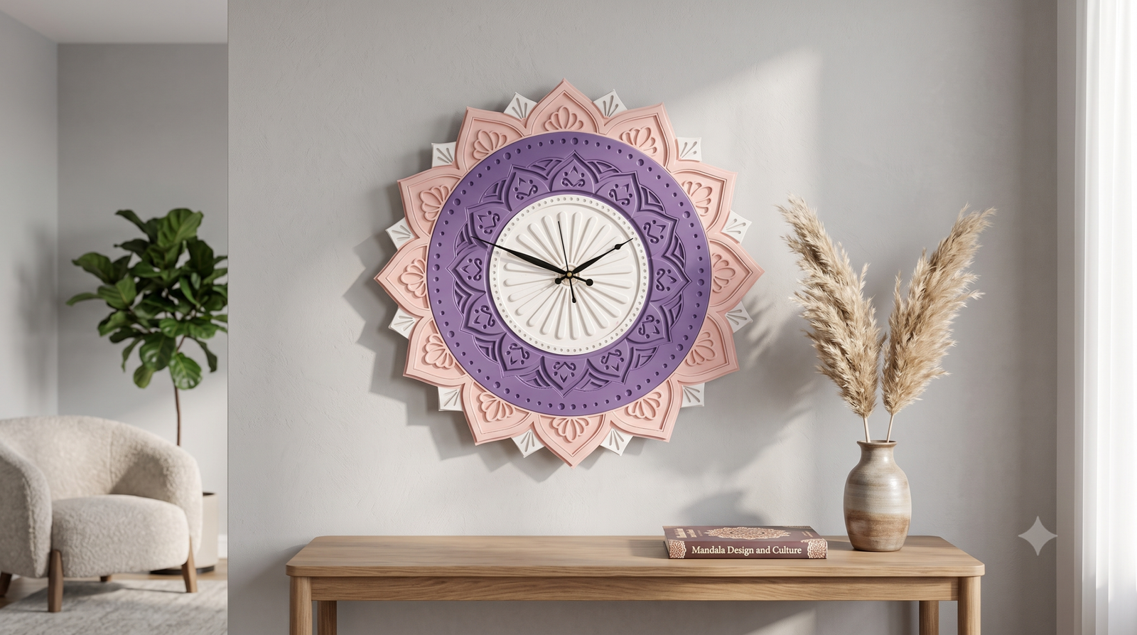 Decorative Lotus Mandala Wall Clock – Purple & Blush Pink