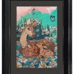 Embroidered Deer Family Wall Art with Floral Meadow Design