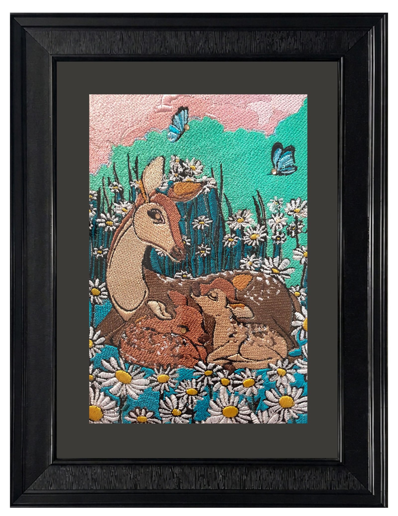 Embroidered Deer Family Wall Art with Floral Meadow Design